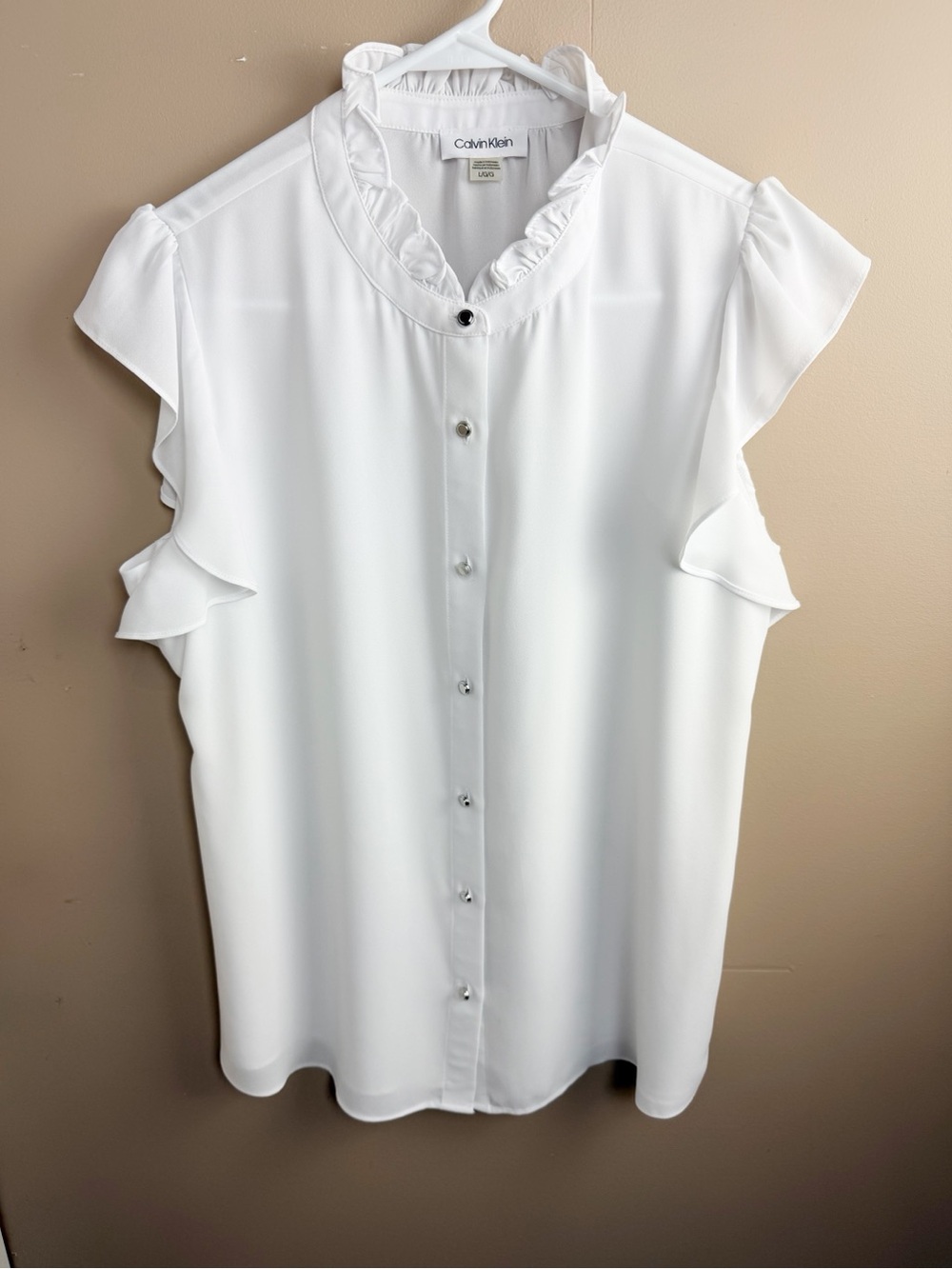 Calvin Klein White Ruffle Collar Flutter Cap Sleeve Button Front Blouse Top L - Picture 2 of 10
